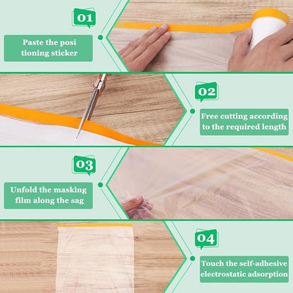 6 Pack Tape and Drape, 1.8x65.6 Ft Pre-Taped Masking Film for Auto Painting Covering, Plastic Pre-Adhesived Dust Paint Protective Drop Film for Furniture, Car, Floor
