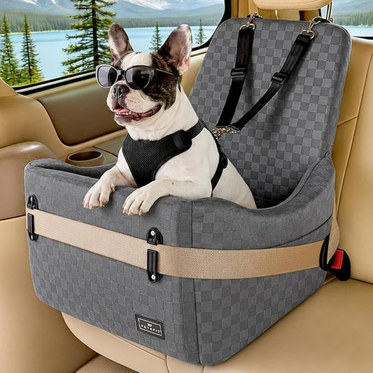 PETSFIT Dog Car Seat for Small/Medium Dogs Up to 35 lbs – Patented Safety System, 5" Memory Foam Pet Booster Car Seat, Fully Detachable and Washable Dog Carseat with 2 Storage Pockets (Grey)