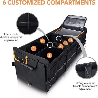 HEYTRIP Large Trunk Organizer With Built-in Leakproof Cooler Bag, 2 Tie-Down Straps, 4 Removable Dividers, Foldable Cover, Built with 2mm PE Board