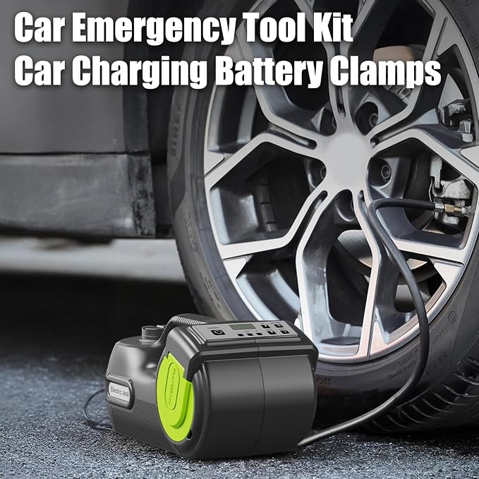 Portable Electric Car Jack Kit, 5T 12V Electric Jack for Car with Electric Wrench, Window Breaking Hammer, Anti-Slip Gloves, Battery Clamps for Roadside Assistance (Green)