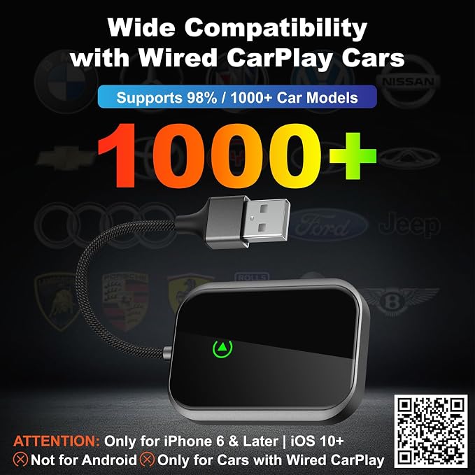 Wireless CarPlay Adapter for iPhone, Apple CarPlay Wireless Adapter USB-C, Bluetooth Connection, Auto-Switch for Multiple iPhones, Fast & Stable, iOS 10+ (Phantom Black)