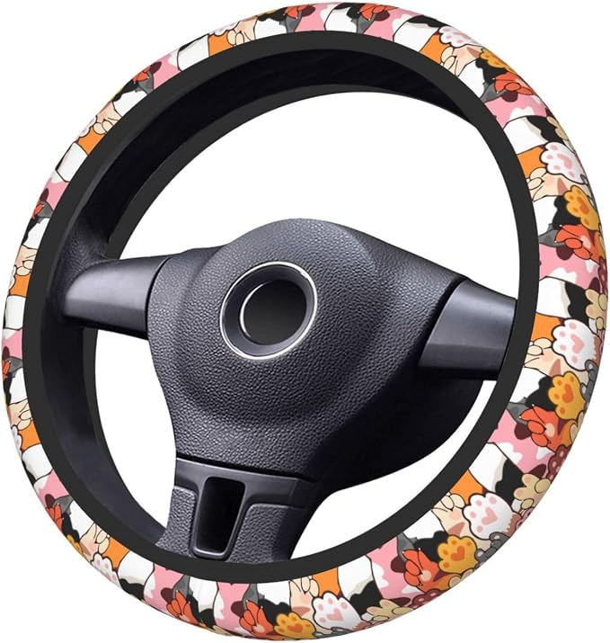 Cute Paw Print Steering Wheel Cover for Women, Universal Auto Steering Wheel 14-15 Inch Car Interior Accessories with 2PCS Car Coasters, Suitable for Men and Women