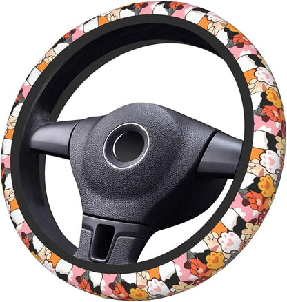 Cute Paw Print Steering Wheel Cover for Women, Universal Auto Steering Wheel 14-15 Inch Car Interior Accessories with 2PCS Car Coasters, Suitable for Men and Women