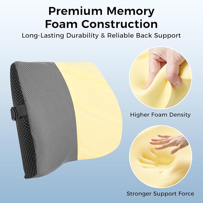 Lumbar Support Pillow for Car & Office Chair - High-Density Memory Foam Back Cushion for Sciatica & Lower Back Pain Relief - Non-Slip Support for Long Commutes & Desk Workers (Dark Gray)