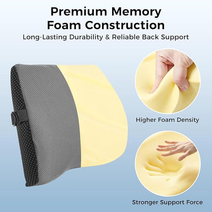 Lumbar Support Pillow for Car & Office Chair - High-Density Memory Foam Back Cushion for Sciatica & Lower Back Pain Relief - Non-Slip Support for Long Commutes & Desk Workers (Dark Gray)