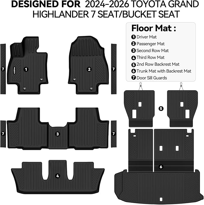 Floor Mats for 2024-2026 Toyota Grand Highlander 7 Seat/Bucket Seat, Trunk Mat and Backrest Mat & Door Sill Guard All Weather TPE Protector for Toyota Grand Highlander Accessories