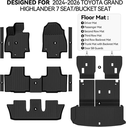 Floor Mats for 2024-2026 Toyota Grand Highlander 7 Seat/Bucket Seat, Trunk Mat and Backrest Mat & Door Sill Guard All Weather TPE Protector for Toyota Grand Highlander Accessories