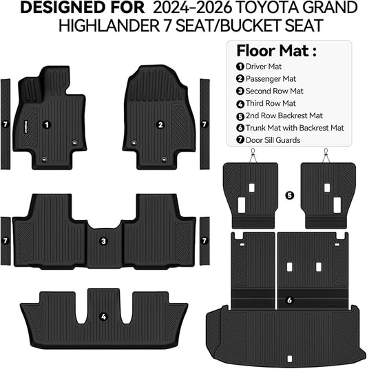 Floor Mats for 2024-2026 Toyota Grand Highlander 7 Seat/Bucket Seat, Trunk Mat and Backrest Mat & Door Sill Guard All Weather TPE Protector for Toyota Grand Highlander Accessories