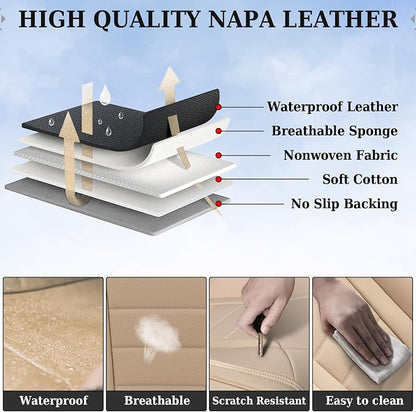 Coverado Front and Back Seat Covers for Cars, Nappa Leather Car Seat Covers, Automotive Seat Covers for Trucks, 5 Seats Waterproof Carseat Protector Car Seat Cover Beige, Universal Fit for Most Cars