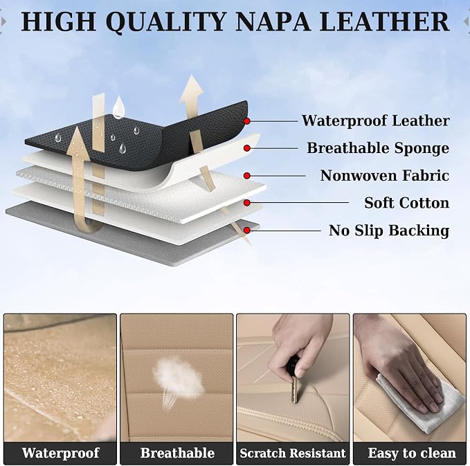 Coverado Car Seat Covers Front Seats, Car Seat Cover Beige, Car Seat Protector, Car Seat Cushion Nappa Leather, 2-Pack Waterproof Seat Covers Carseat Cover Universal Fit for Most Cars Trucks