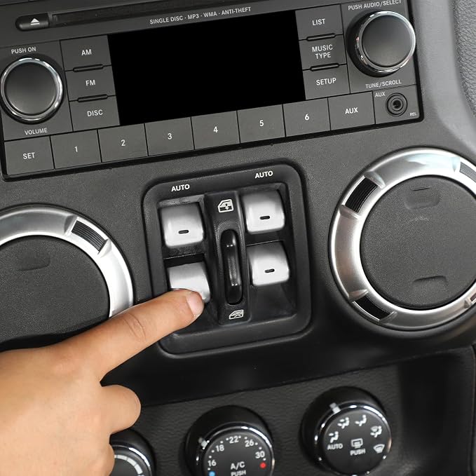 Jimen for JK Window Button Covers, 4PCS Center Console Window Switch Cover Interior Trim Kits Compatible with Jeep Wrangler JK & Unlimited 2012-2018, Aluminum Alloy (Silver)