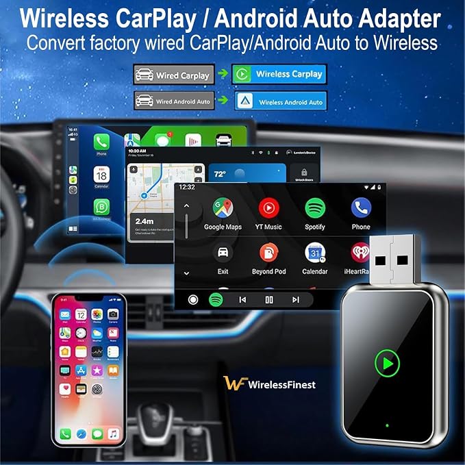 2026 Upgraded 2in1 Wireless CarPlay Adapter & Android Auto Compatible Cars, Fast Auto-Connect, Convert Wired to Wireless CarPlay Adapter, Stable Connection,Mini USB Converter for Car Play Vehicle iOS