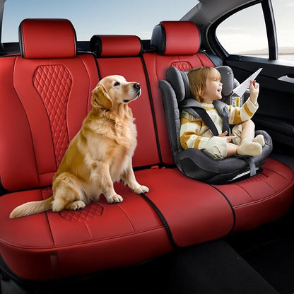 Coverado Car Seat Covers, Rear Car Seat Cover, 3-Pieces Leather Seat Cover, Red Car Seat Cushion, Luxury Seat Cover Seat Protector Universal Fit Most Cars