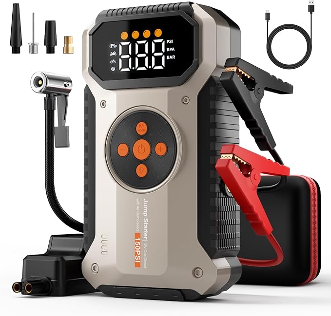 Portable Jump Starter with Air Compressor 5500A, 12V Car Charger Jump Starter Power Pack,150 PSI Tire Inflator and Jumper Box for 9.5L Gas/8.0L Diesel