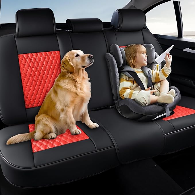Coverado Leather Rear Seat Covers for Cars, Waterproof Back Seat Cover, Universal Automotive Seat Cushion Protector for Most Cars Trucks SUV (Black & Red Line)