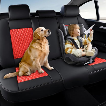 Coverado Leather Rear Seat Covers for Cars, Waterproof Back Seat Cover, Universal Automotive Seat Cushion Protector for Most Cars Trucks SUV (Black & Red Line)