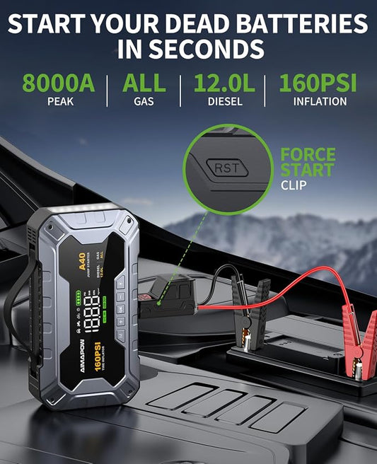 8000A 160PSI Jump Starter with Air Compressor, 12V Car Battery Jump Starter Power Bank(All Gas/12L Diesel), Car Starter with LED Flashlight, Force Start, Jump Pack with Jump Leads