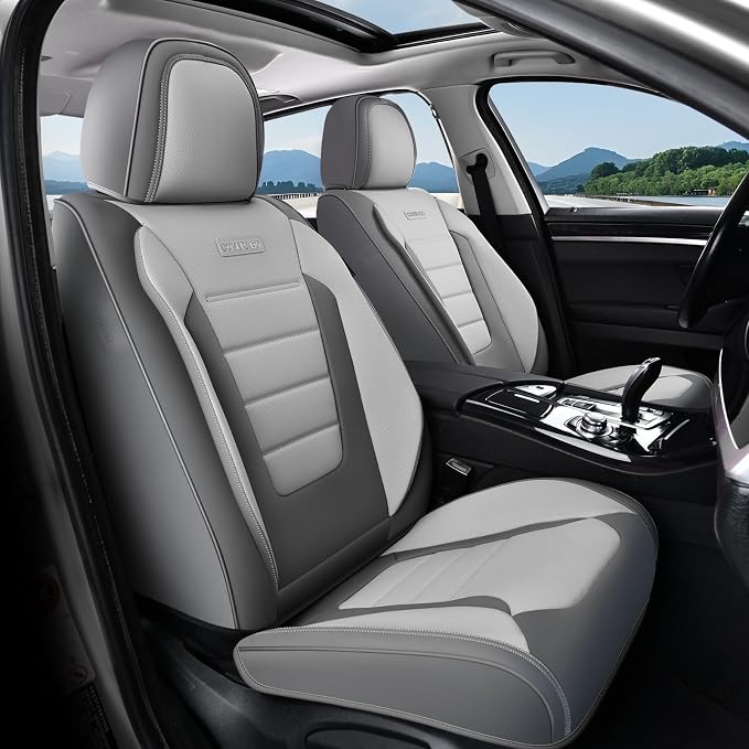 Coverado Car Seat Covers Front, Seat Covers for Cars, Waterproof 2-Pack Car Seat Cushion, Leather Carseat Seat Protectors, Universal Seat Covers Fit for Most Sedans SUV Pick-up Trucks(Gray&Light Gray)