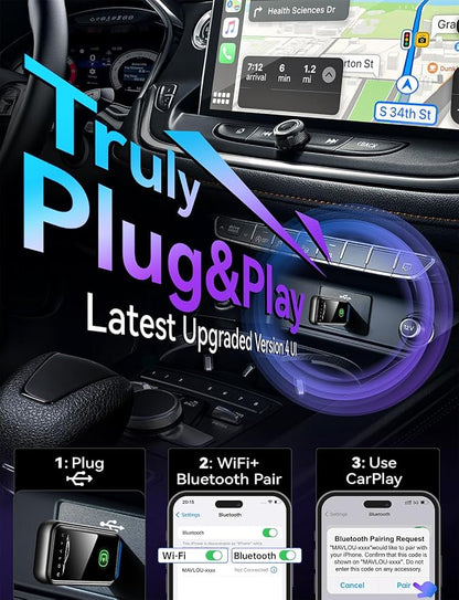Carplay Wireless Adapter for iPhone, Latest Upgrade Carplay Dongle, Stable Fast Convert Wired to Wireless CarPlay, Plug & Play OTA Upgrade, for iPhone iOS 10+ & Cars with Wired CarPlay (Black)