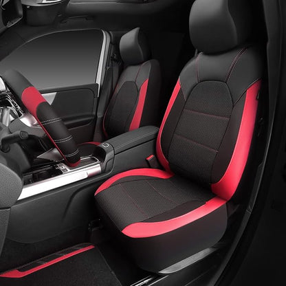 CAR PASS Air Mesh Leather Car Seat Covers for Front Seats, Waterproof Car Floor Mats, Sporty Steering Wheel Cover, Universal Fit for 95% Cars Truck SUV (Black and Red)
