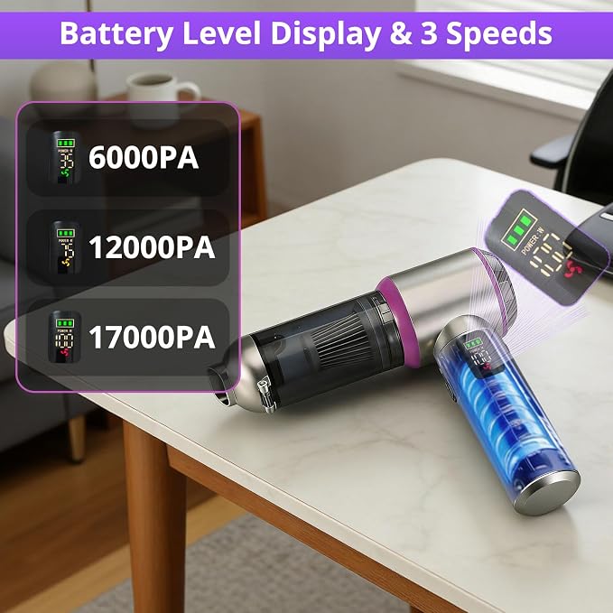 Cordless Handheld Vacuum with 17000Pa Suction, Portable Car Vacuum Cleaner for Pet Hair, Home & Desk, 3-Speed, LED Light, 4-in-1 Nozzles, Type-C Charging