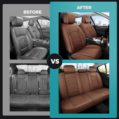 otoez Car Seat Covers Full Set, 5 Seats Waterproof Universal Leather Seat Cover for Cars, Front Rear Automotive Interior Protectors Full Coverage for Most Cars Sedens Trucks SUVs, Brown