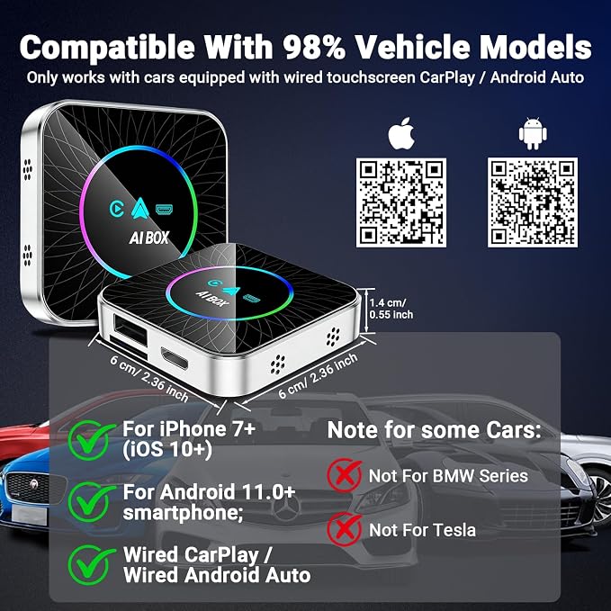 AI Box Carplay, 4+32GB Car Video Box for Netflix/YouTube/TikTok/TF Card & HDMI Output Streaming Magic AI Box Wireless CarPlay Adapter with Ambient Light, Fits for OEM Wired Car Play Cars