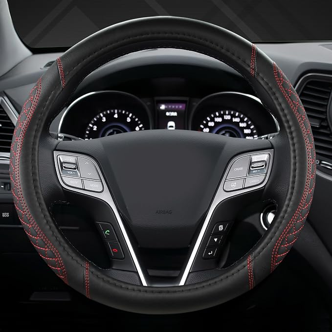 West Llama Customized Auto Car Steering Wheel Cover for Hyundai,Tucson,Sonata,Elantra,Santa Fe,Genesis,Sonata Hybrid,Azera,Venue,Kona, 14.5-15 inches(Diamond Quilted-Black+Red-Standard Size)
