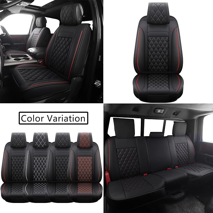 JOJOBAY Car Seat Covers for Dodge Ram,Fit 2009-2025 1500/2500/3500 HD Pick-up Truck,Crew,Regular,Quad,Mega Cab,Waterproof Synthetic Leather Seat Covers(5PCS-Full Set,Black-Red)
