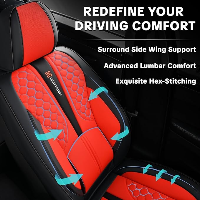 Car Seat Cover Set, Automotive Interior Accessories, Red, Waterproof Leather, With Lumbar Support, Airbag Compatible, 5-Piece Full Set, Pet-Friendly Car Seat Covers, Fits Suvs, Sedans, Pickup Trucks