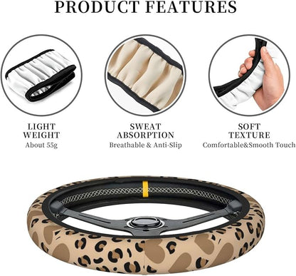 Car Steering Wheel Cover with Anti-Slip Lining, Universal 15 inch Wheel Cover, Fashion Car Interior Accessories for Women Men - Brown Heart Leopard Cheetah