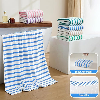JML Microfiber Beach Towels, Large Bath Towel Set for Adult, 6 Pack, 27" x 55" - Cabana Stripe - Absorbent, Quick Dry for Pool, Bathroom, Sport, Yoga, Camping, Swimming, Dorm, Summer Party, Blue