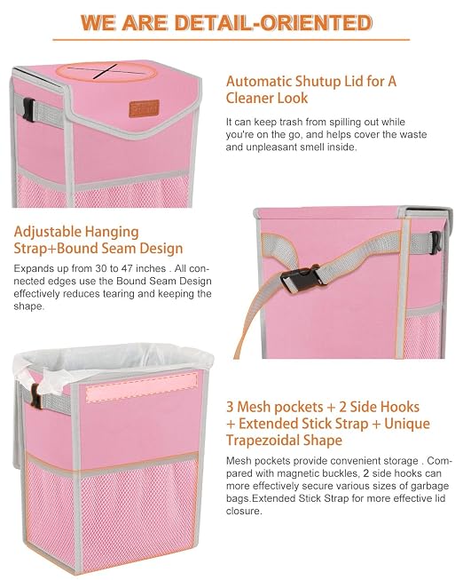 Pritent Car Trash Can with Lid, Cute Leakproof Car Trash Garbage Bag Hanging Vehicle Trash Bin Small Portable Automotive Garbage Cans Organizer for Back/Front Seat(Trapezoid,Pink