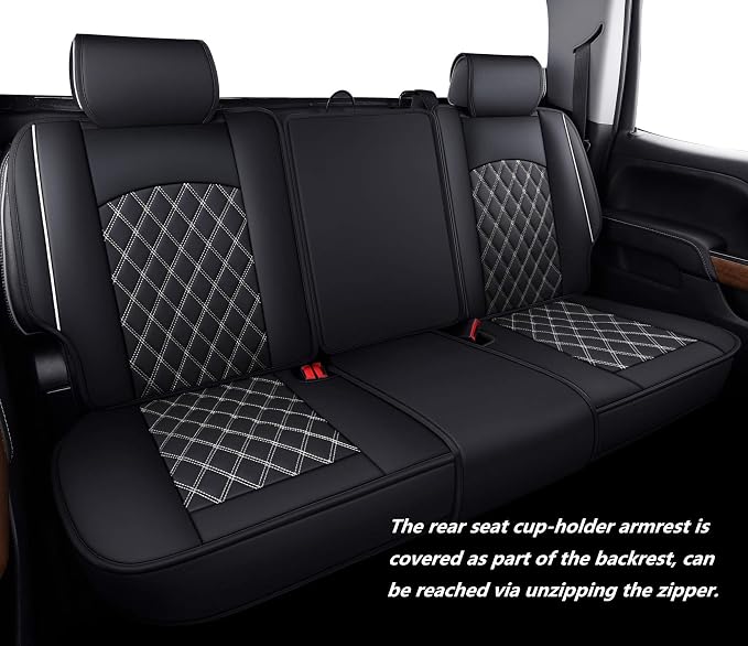 Aierxuan Seat Covers for Cars Pickup 2007-2026 GMC Sierra Chevy Chevrolet Silverado 1500 2500HD 3500HD Trail Boss Z71 Crew Double Extended Cab Waterproof Leather (Full Set, Black-White)