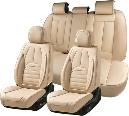 Car Seat Covers Full Set, Beige Seat Covers for Cars, Automotive Seat Covers, Waterproof Nappa Leather Front Seats and Back Car Seat Protector, Universal Fit for Most Cars SUV Trucks