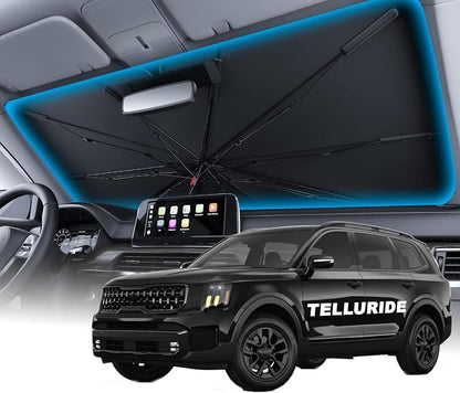 Wigoo Windshield Sun Shade Umbrella for Kia Telluride 2020-2026 [100% Sun Blockage, Ice Cooling Fabric] Foldable Heat Insulation Front Window Sunshade Umbrella for Kia Telluride 2020-2026