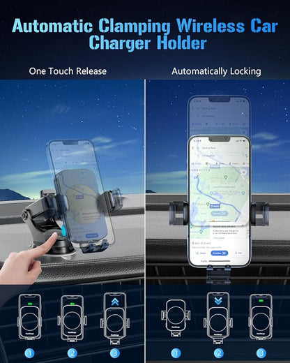 BothLin 3-in-1 Wireless Car Charger Mount, 15W Fast Charging Auto-Clamping Phone Holder for iPhone 17 16 15 14, Samsung Galaxy S24 S23, Dashboard, Vent & Windshield Car Mount(Deep Blue)