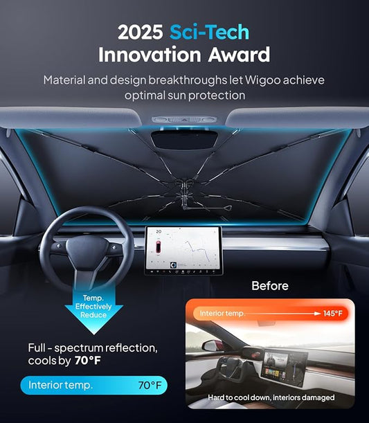 Wigoo Windshield Sun Shade Umbrella, 100% Sun Block, 5th-Gen Ice-Shield Cooling Tech, Reflective Heat Insulation, Portable & Foldable Front Window Sunshade Universal Fit Sedans/SUVs - M: 57"x32"