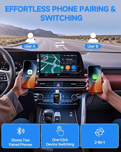 2026 Upgraded Android Auto & CarPlay Wireless Adapter, One Click Multi Device Switching, Ultra-Fast 5.8GHz WiFi, Bluetooth 6, Plug & Play USB-A/C for 2016+ Car Models