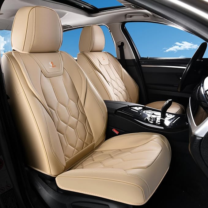 Huidasource Front Seat Covers, Universal Fit for Most Cars SUV Trucks, Full Coverage Leather Seat Cover, Airbag Compatble, Seat Function Retain, Storage Pocket Design, Easy to Install, Beige
