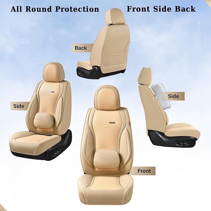 Coverado Car Seat Covers Full Set, Beige Seat Covers for Cars, Waterproof Nappa Leather Automotive Seat Covers with Lumbar Head Pillow, Car Seat Protectors, Universal Fit for Most Cars SUV