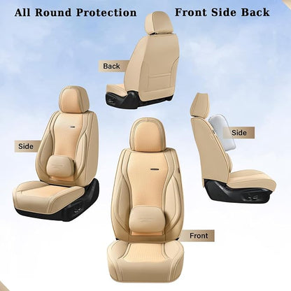 Coverado Car Seat Covers Full Set, Beige Seat Covers for Cars, Waterproof Nappa Leather Automotive Seat Covers with Lumbar Head Pillow, Car Seat Protectors, Universal Fit for Most Cars SUV