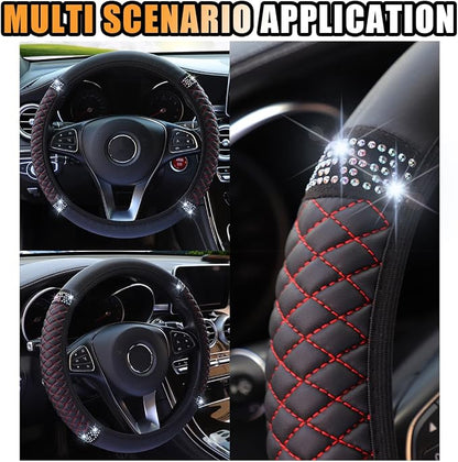 Bling Soft Leather Steering Wheel Cover, 15 Inch Colorful Rhinestones Auto Elastic Protector with Crystal Diamond for Women Girls, Car Accessories for Most Cars, SUVs (Black Red)