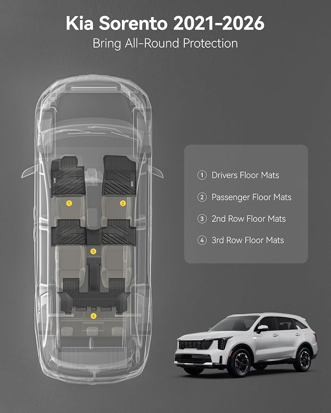 3W Floor Mats Compatible with Kia Sorento 6/7 Seats 2021-2026(Not Fit for Hybrid & PHEV), TPE All Weather Protection Floor Mats Custom Fit 3 Rows Car Floor Liners Set Car Mats Acessoires, Black