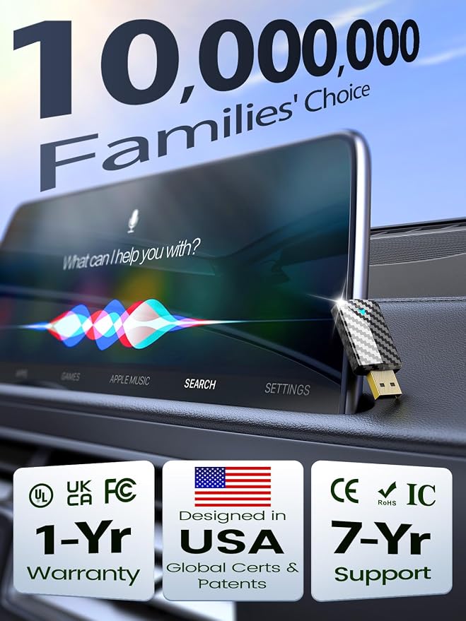 Wireless CarPlay & Android Auto Adapter, Convert Wired to Wireless, Fast Auto Connect and No Lag, Plug & Play USB with Gold-Plated Connector, Carbon Fiber Design, Compatible with iPhone & Android