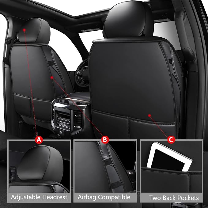 MIROZO Ram Seat Covers Full Set –Waterproof Truck Seat Covers Leather Car Seat Protector Fits 2009-2026 Ram 1500/2500/3500 Crew Quad Regular Cab Pickup with Split Flat Bench 40/60,Black and Red