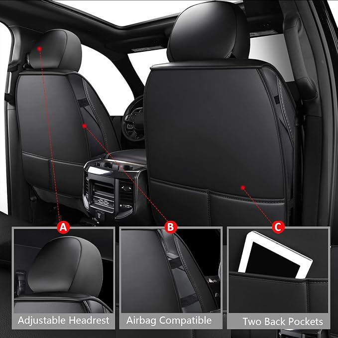 MIROZO Ram Seat Covers Full Set, Waterproof Truck Seat Cover Leather Car Seat Protector Compatible with 2009-2026 RAM 1500/2500/3500 Crew Quad Cab Pickup with Split Curved Bench 40/60,Black and Red
