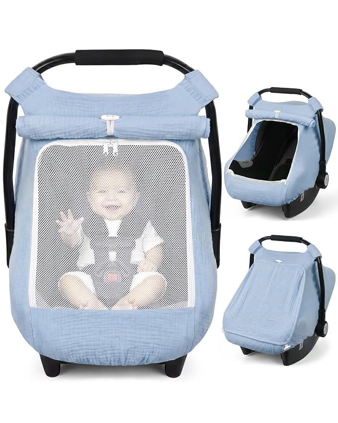 Rquite Car Seat Cover Baby Girl Boy, 100% Muslin Cotton Carseat Covers, Breathable Infant Windproof Canopy with Mesh Window, Stroller Sun Shade for Summer & Hot Day, Baby Blue