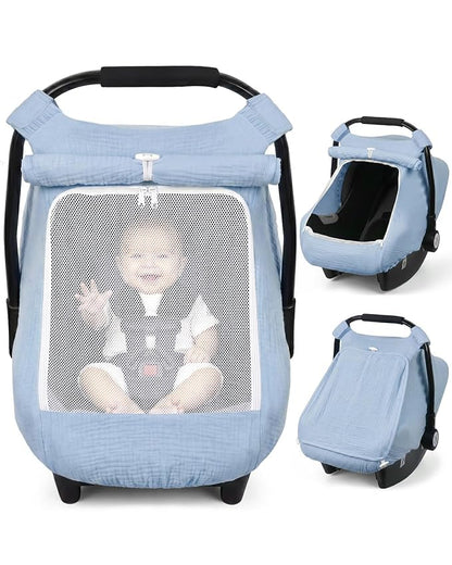 Rquite Car Seat Cover Baby Girl Boy, 100% Muslin Cotton Carseat Covers, Breathable Infant Windproof Canopy with Mesh Window, Stroller Sun Shade for Summer & Hot Day, Baby Blue