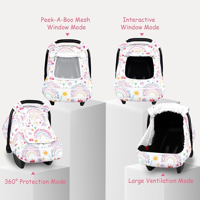 Winter Car Seat Cover Baby with Sunshade & Dual Zipper Windows - Minky Bubble Lined Windproof Soft Shell, Warm Newborn Car Seat Canopy Covers, Elastic Bottom for Stroller & Infant Car Seat, Rainbow